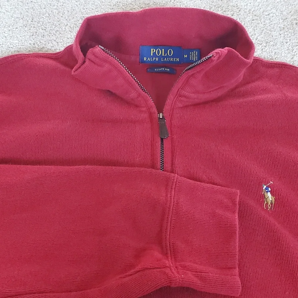 Polo Ralph Lauren Estate Rib Men's Medium Red‎ Knit Pullover 1/4 Zip Long Sleeve